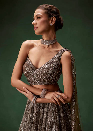 Brown One Shoulder Bridal Lehenga Set With All Over Sequins