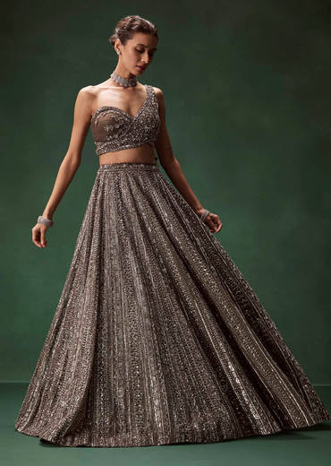 Brown One Shoulder Bridal Lehenga Set With All Over Sequins