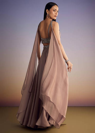 Brown Organza Palazzo Set With Cutdana And Sequins Dupatta