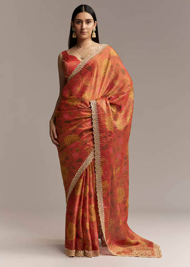 Brown Red Tissue Saree With Mirror And Zari Work