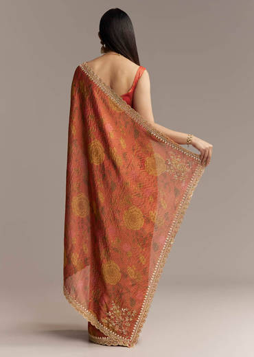 Brown Red Tissue Saree With Mirror And Zari Work