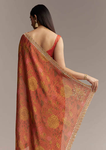 Brown Red Tissue Saree With Mirror And Zari Work