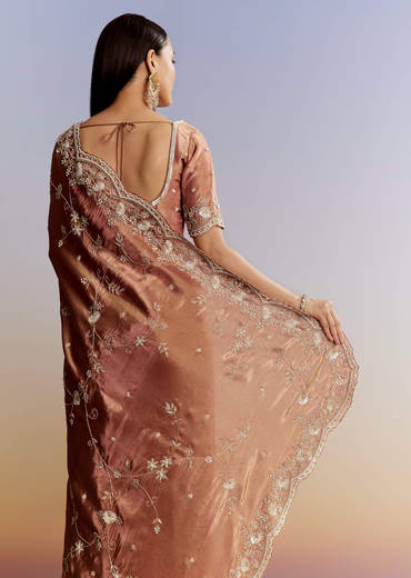 Brown Rust Crush Tissue Saree With Gota And Beads Embroidery