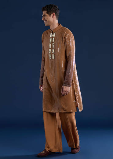 Brown Sequin Work Mens Kurta and Pant Set