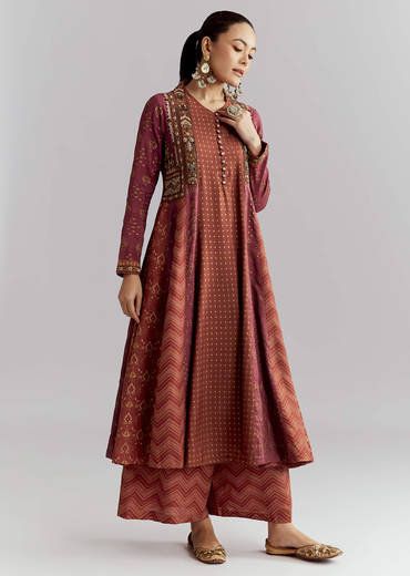 Brown Silk Anarkali Suit With Indie Print And Embroidery