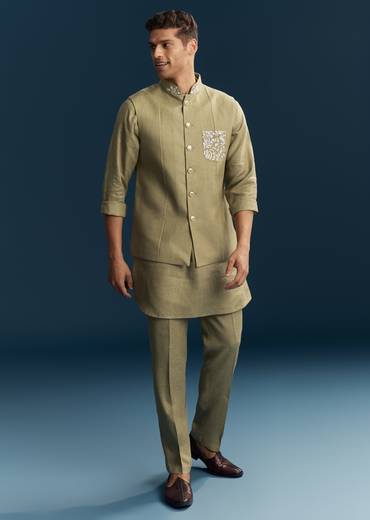 Brown Silk Kurta Jacket Set With Minimal Thread Detail