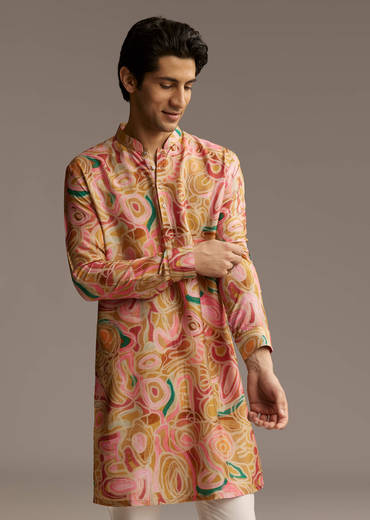 Brown Silk Printed Designer Kurta For Men With Print