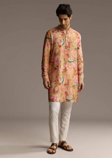 Brown Silk Printed Designer Kurta For Men With Print