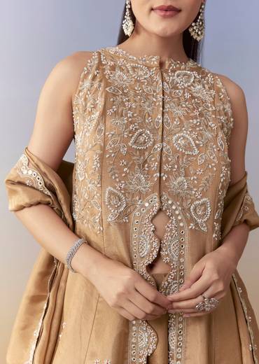 Brown Slit Anarkali Set with Cutdana Work