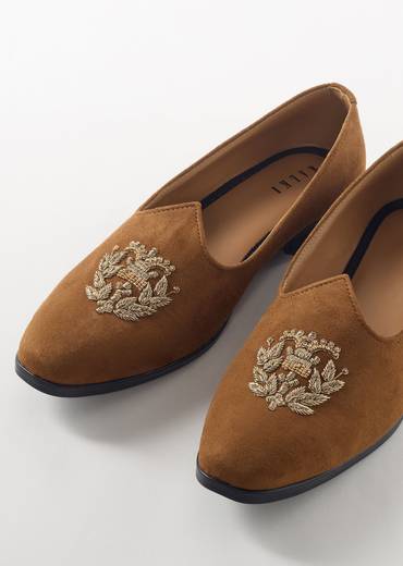 Brown Suede Ethnic Jutti With Metallic Embroidery For Men