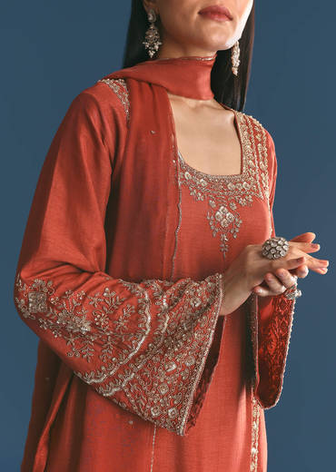 Burnt Orange Silk Sequin Beaded Kurta Set With Dupatta