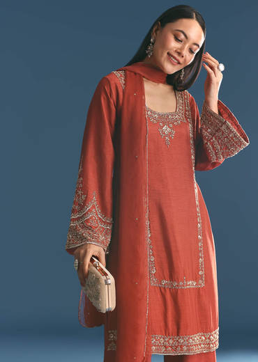 Burnt Orange Silk Sequin Beaded Kurta Set With Dupatta