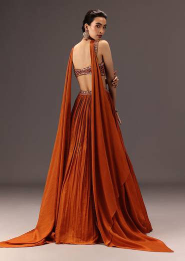 Burnt Rust Organza Hand Embellished Ruched Lehenga Set With Choker Dupatta