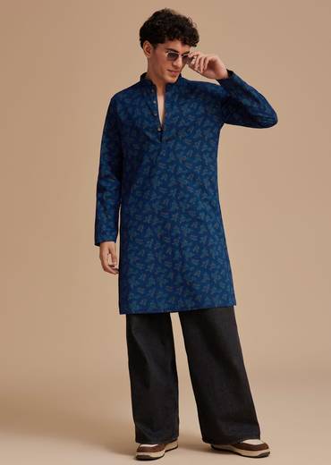 Navy Blue Cotton Botanical Printed Kurta Set