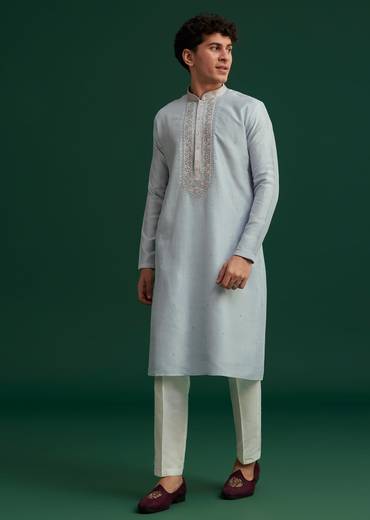 Sky Blue Silk Hand Embroidered Kurta Set