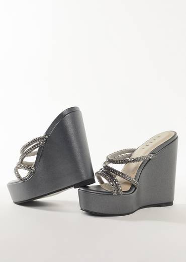 Charcoal Grey Faux Leather Womens Footwear With Embellished Detail Work