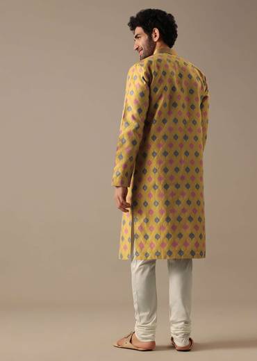 Chrome Yellow Embroidered Kurta Set in Jacquard