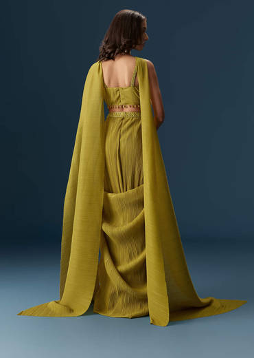Citrus Green Drape Skirt With Pleated Bustier And Choker Style Dupatta