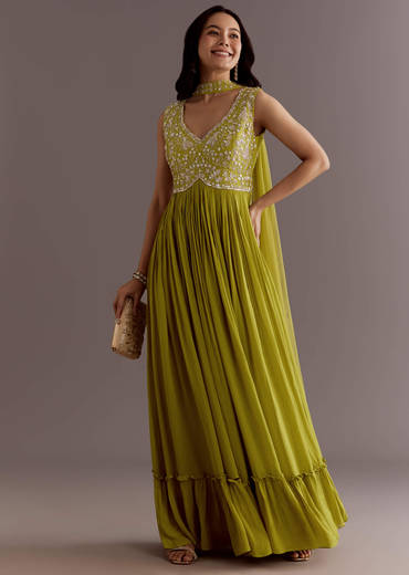 Citrus Green Embroidered Georgette Anarkali With Choker Dupatta