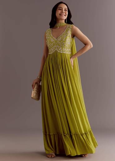 Citrus Green Embroidered Georgette Anarkali With Choker Dupatta