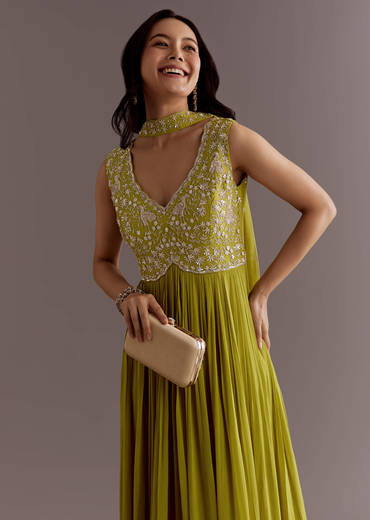 Citrus Green Embroidered Georgette Anarkali With Choker Dupatta