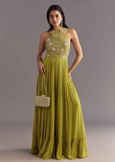 Citrus Green Georgette Jumpsuit With Embroidered Belt