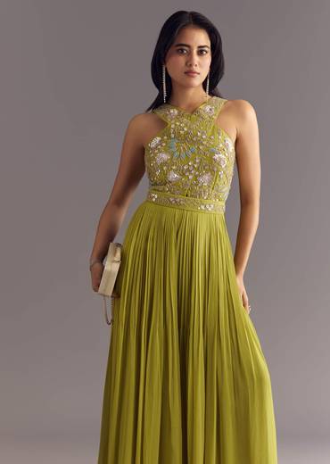 Citrus Green Georgette Jumpsuit With Embroidered Belt