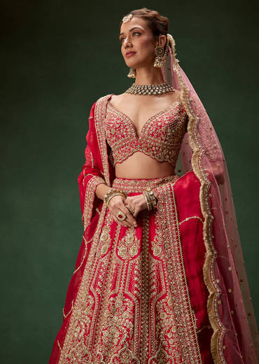 Classic Red Bridal Lehenga With All Over Zari And Dori Embroidery