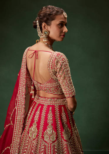 Classic Red Bridal Lehenga With All Over Zari And Dori Embroidery