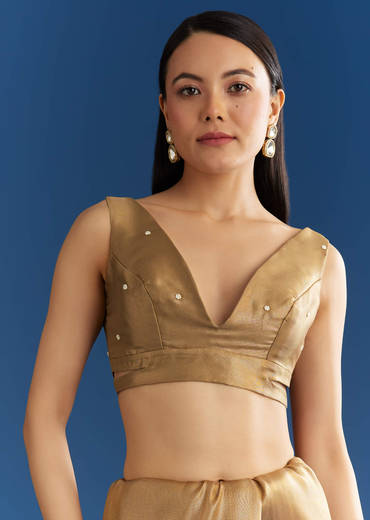 Copper Brown Organza Tissue Saree With Beaded Border