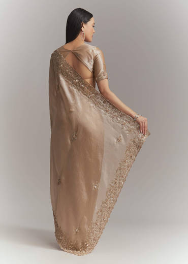 Copper Tissue Embroidered Saree With Heavy Hand Embroidery