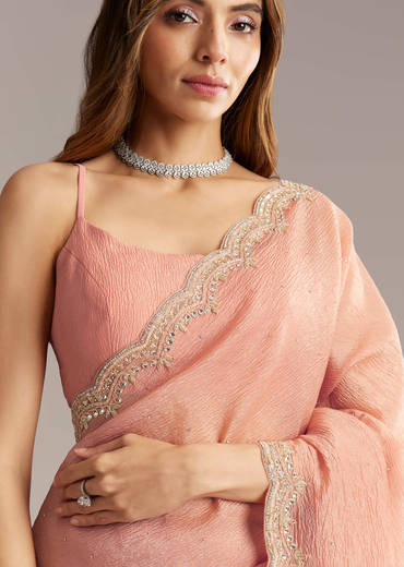 Copper Tissue Saree With Scallop Border And Sequin Embroidery