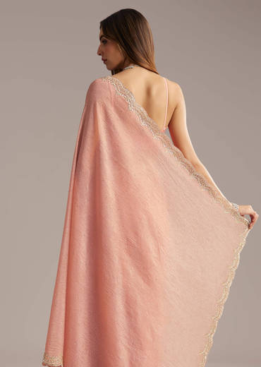 Copper Tissue Saree With Scallop Border And Sequin Embroidery