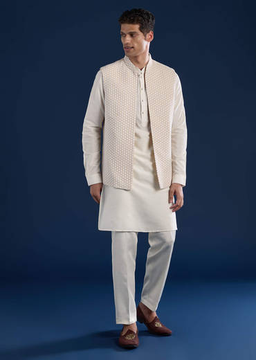 Cream Art Silk Jacket Kurta Set with Resham Work
