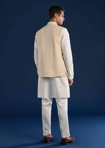 Cream Art Silk Jacket Kurta Set with Resham Work