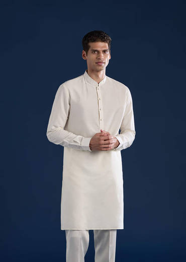 Cream Art Silk Jacket Kurta Set with Resham Work