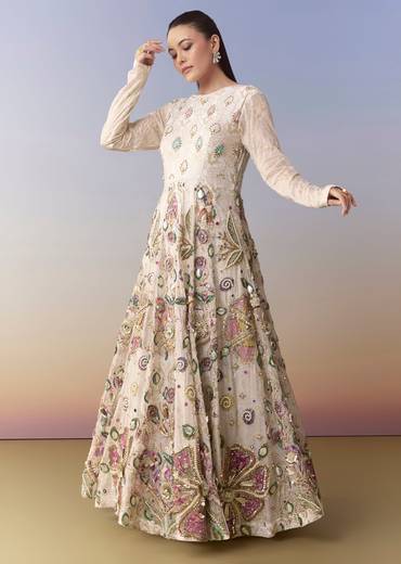 Cream Bead Embellished Gown with Jacket