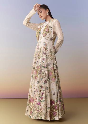 Cream Bead Embellished Gown with Jacket