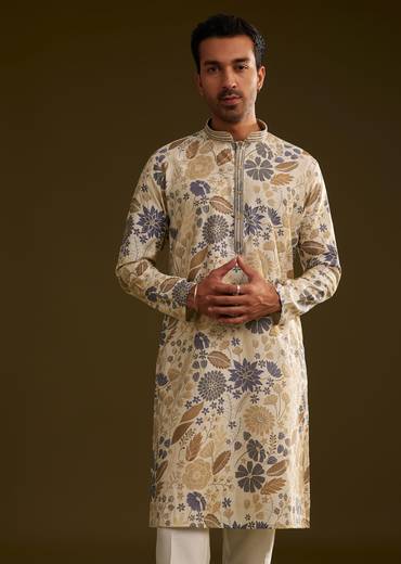 Cream Blue Silk Floral Printed Kurta Set