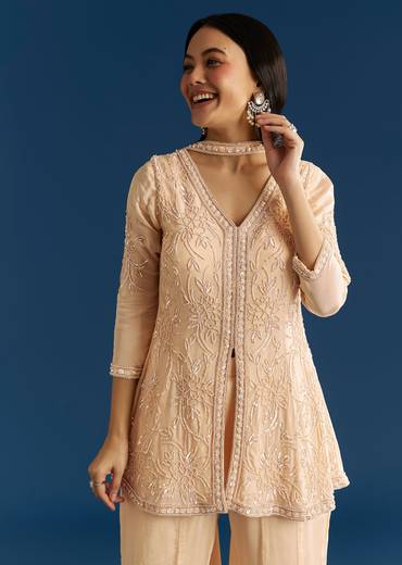 Cream Chinon Moti Embroidered Kurta Palazzo Set With Choker Style Dupatta