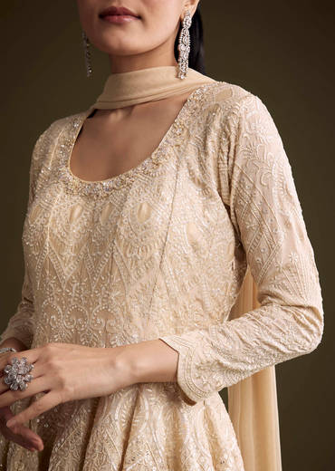 Cream Chinon Palazzo Suit With Sequins And Resham Work