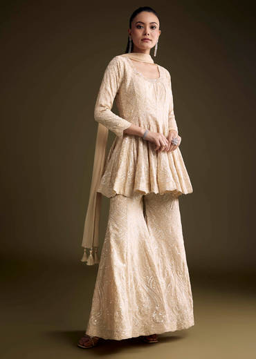 Cream Chinon Palazzo Suit With Sequins And Resham Work