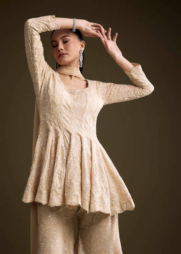 Cream Chinon Palazzo Suit With Sequins And Resham Work