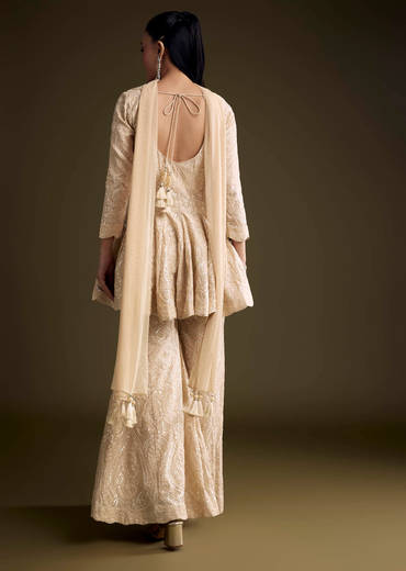 Cream Chinon Palazzo Suit With Sequins And Resham Work