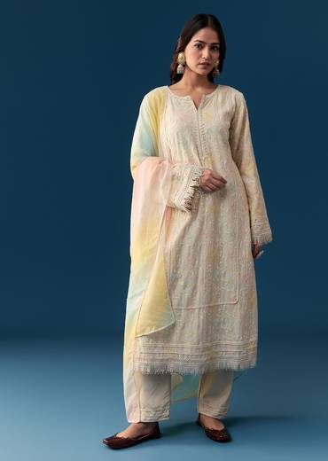 Cream Cotton Kurta Set With Thread Work