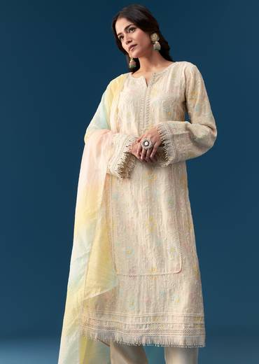Cream Cotton Kurta Set With Thread Work