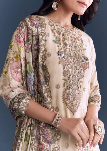 Cream Crepe Kurta Set With Indie Print And Floral Print Dupatta