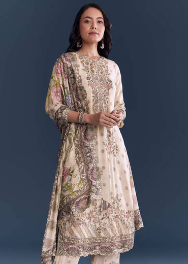 Cream Crepe Kurta Set With Indie Print And Floral Print Dupatta