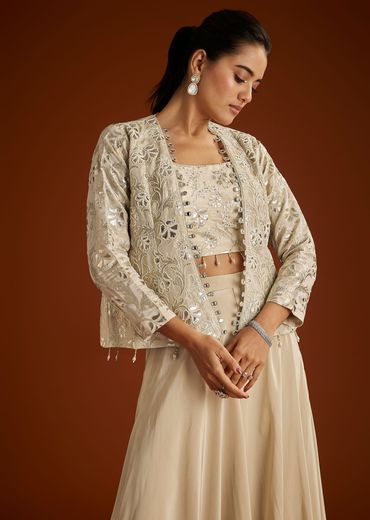 Cream Croptop Patch And Sequin Croptop Jacket Set