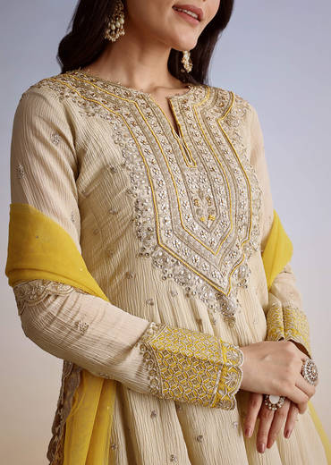 Cream Crush Tissue Sharara Suit With Zari Sequins Work